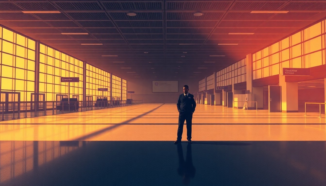 A photorealistic painting in the style of Edward Hopper, depicting a lone TSA agent standing in an empty airport terminal, the space filled with warm, diagonal sunlight and deep shadows, conveying a sense of bureaucratic isolation and melancholy.
