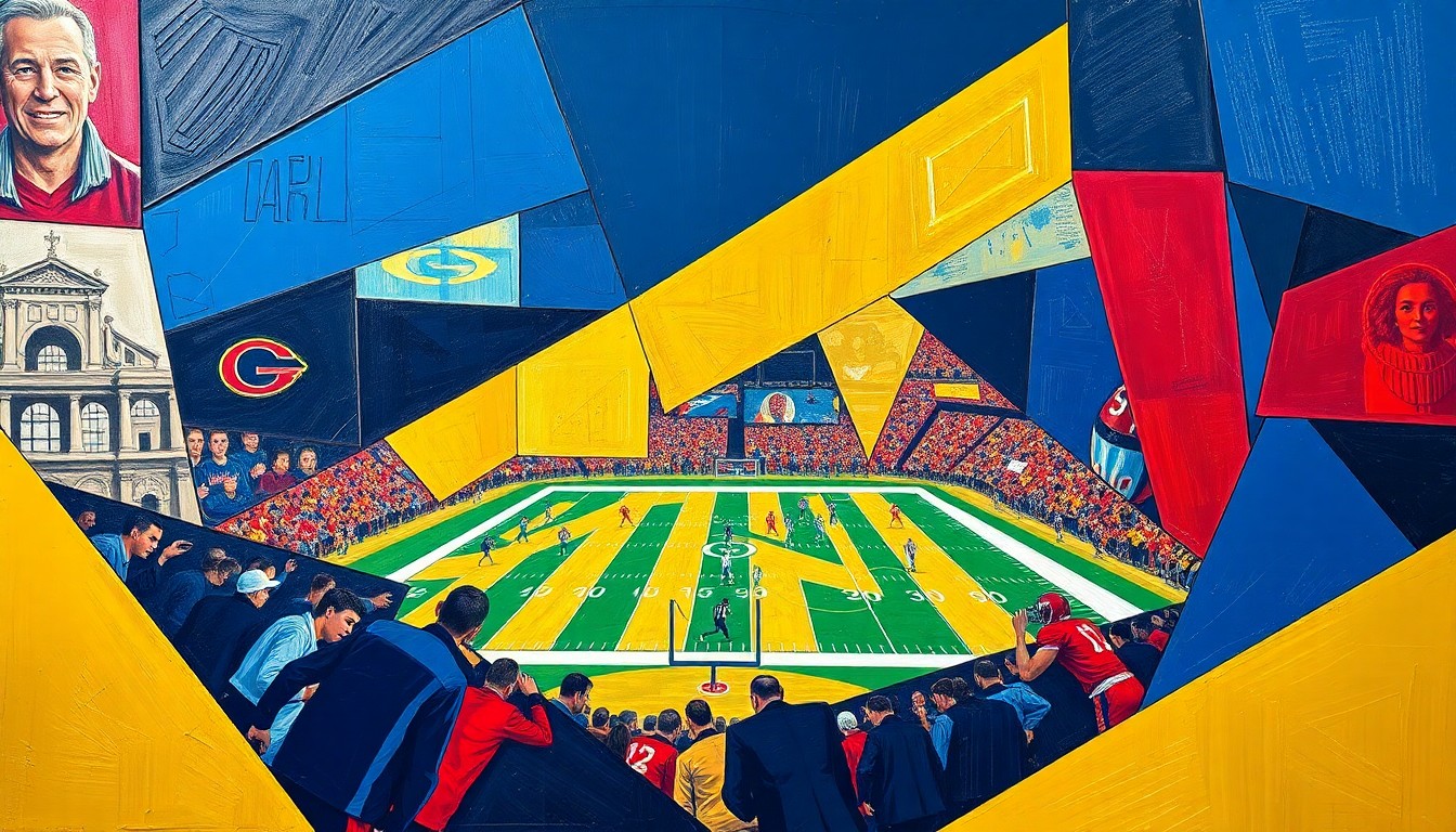 A cubist, geometric painting depicting a fragmented football game scene, with sharp planes of navy, gold, and crimson colors representing the dynamic competition for the Saints' backup QB position.