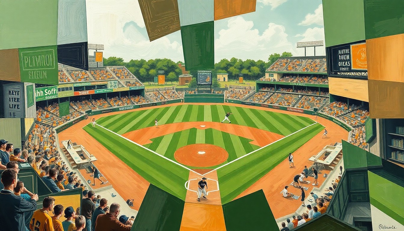 A fragmented, geometric painting depicting the dynamic movements and energy of a high school baseball game, with sharp planes of green, brown, and white representing the field, players, and equipment.