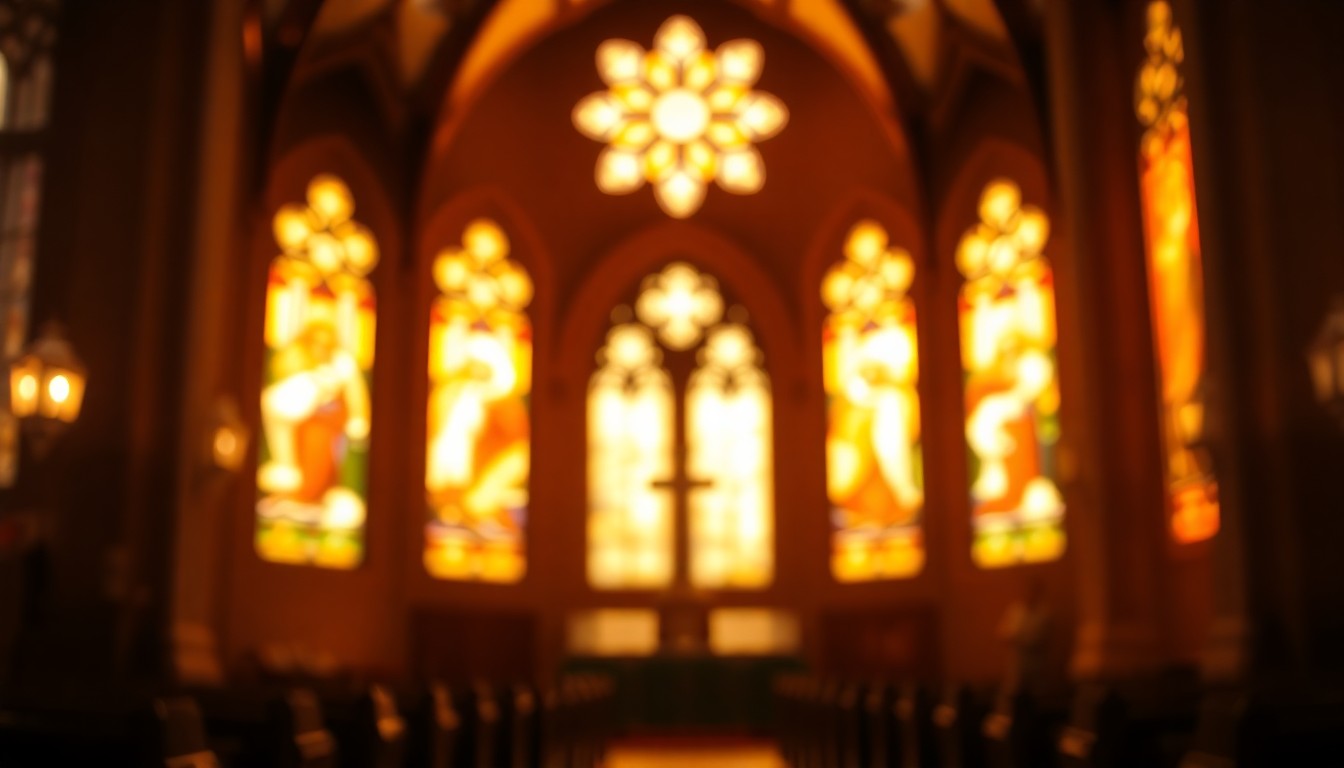 An abstract, impressionistic scene of a church interior filled with soft, golden light, conveying a sense of reverence and spirituality.