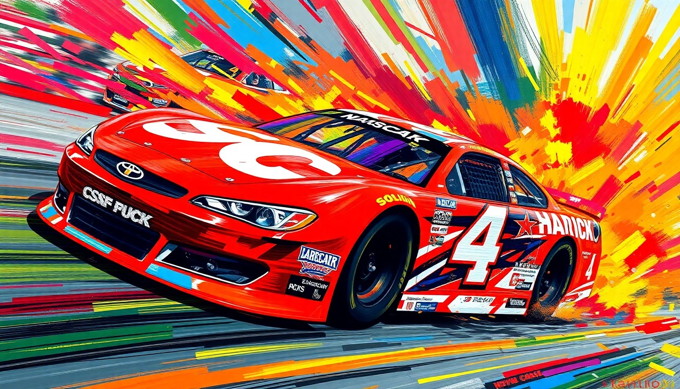 A dynamic, neon-colored painting depicting a NASCAR race car in motion, with bold, gestural brushstrokes conveying the speed and intensity of the sport.