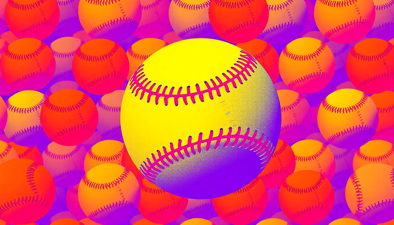 A vibrant, high-contrast silkscreen print of a baseball repeated in a grid pattern, capturing the energy and school spirit of LC State's Homecoming festivities.