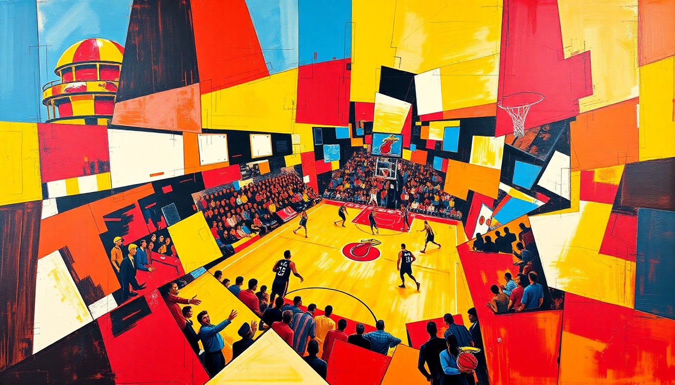 A cubist, geometric painting depicting a Miami Heat basketball game, with sharp, overlapping planes of red, yellow, and blue creating a fragmented, multi-perspective view of the action on the court.