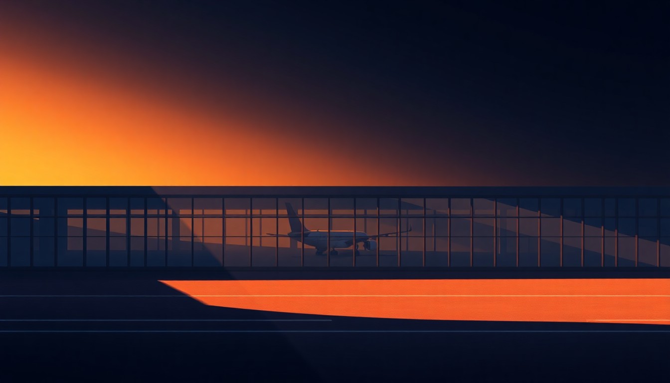 A serene, photorealistic painting of an airport terminal building in warm, golden light, with a subtle reflection of an airplane wing visible in the glass facade, conveying a sense of quiet contemplation about the political decision to rename the facility.