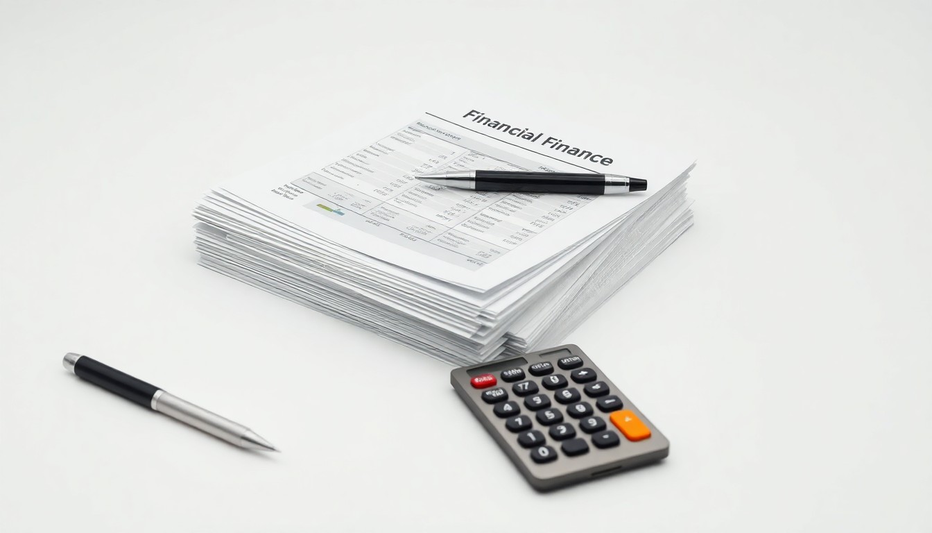 A minimalist studio still life photograph featuring a stack of financial reports, a pen, and a calculator arranged on a clean white background, conceptually representing the abstract concepts of corporate finance and earnings performance.