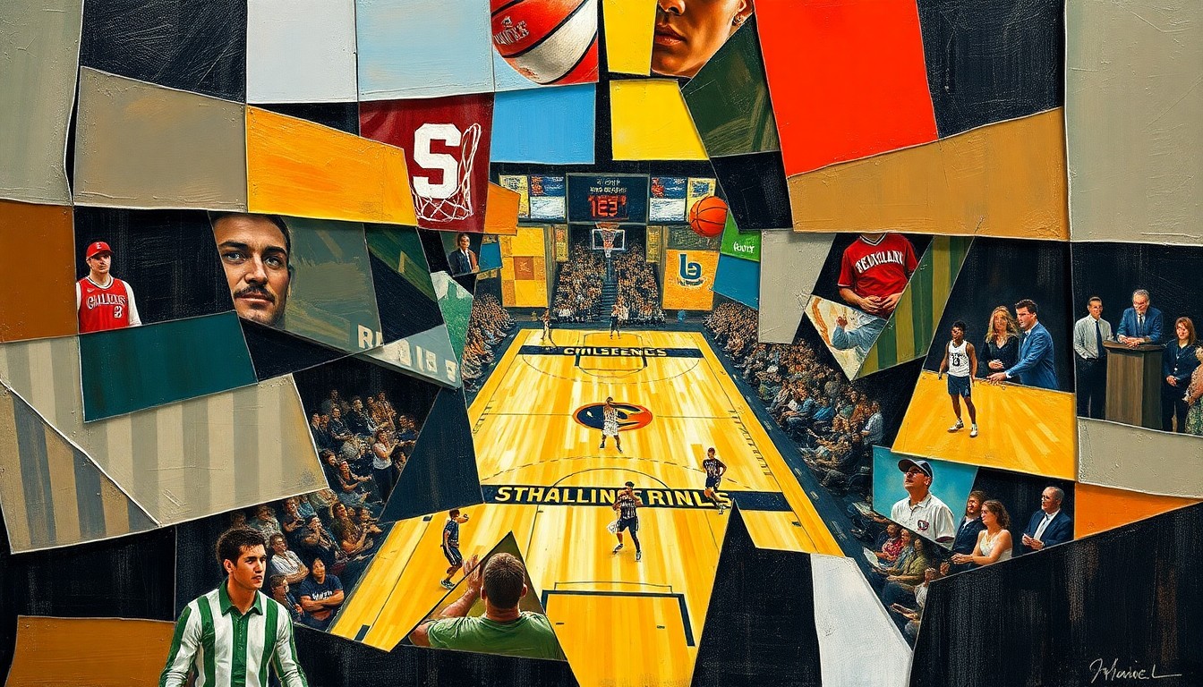 A cubist, geometric painting depicting a fractured, multi-angled view of a college basketball or baseball game, with the players and action broken down into sharp, overlapping planes of color and shape, conveying the emotional turmoil of devastating late-game losses.