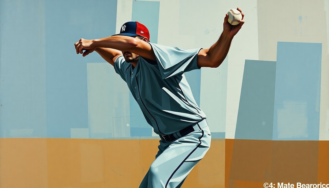 A fragmented, geometric painting depicting a baseball pitcher's motion, with sharp angles and overlapping planes in muted tones, conveying the complexities of the Blue Jays' bullpen struggles.