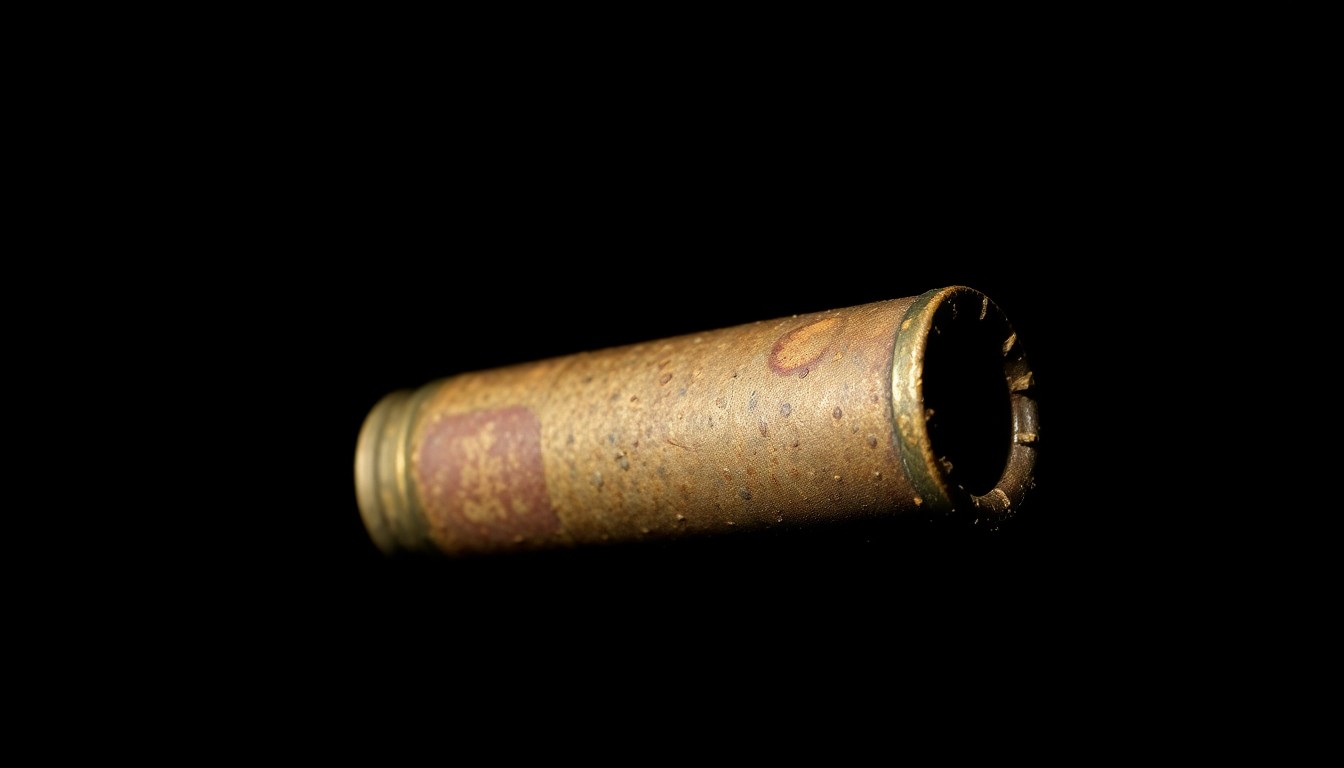 An extreme close-up photograph of a heavily corroded metal object with a cylindrical shape, lit by a harsh, direct camera flash against a pitch-black background, conceptually representing the discovery of a dangerous explosive device at an airport.