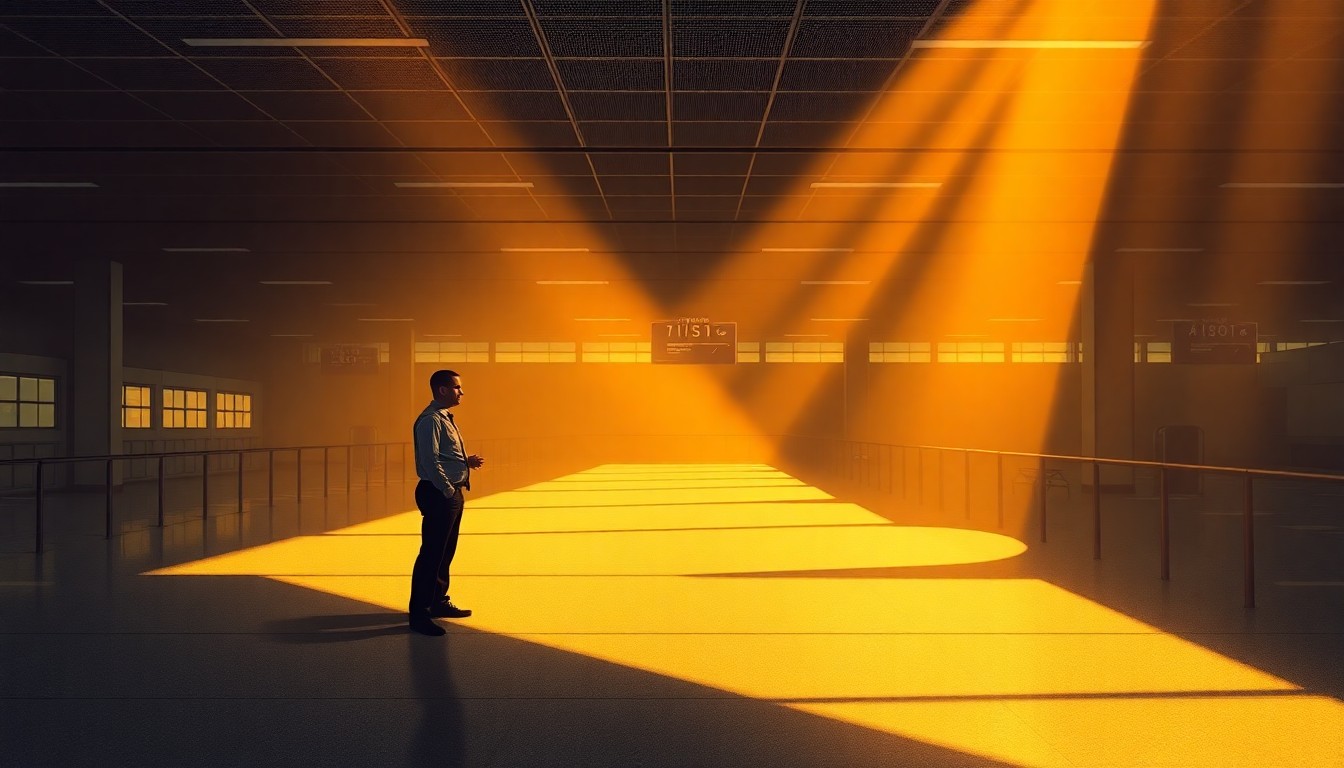 A cinematic painting of a lone TSA agent standing in an empty airport terminal, the space bathed in warm, diagonal sunlight and deep shadows, conveying the melancholy and uncertainty facing these federal workers caught in political gridlock.
