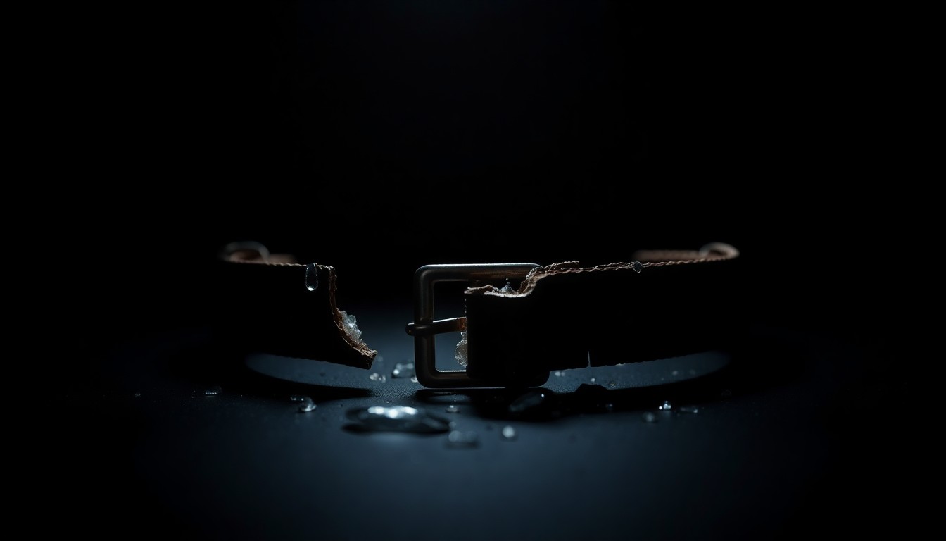 An extreme close-up photograph of a shattered dog collar, the metal buckle and torn fabric reflecting the harsh light of the camera flash, conveying the intensity and aftermath of a violent dog attack.
