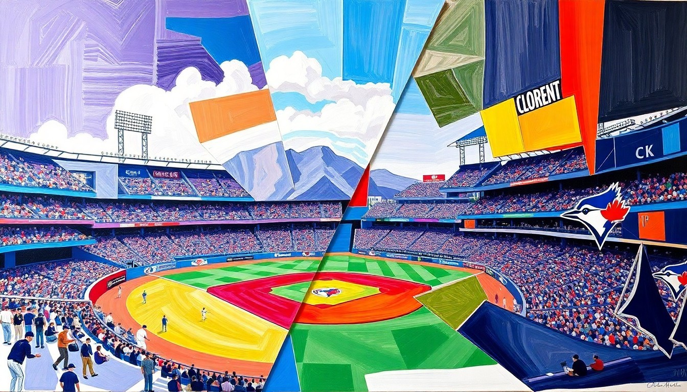 A cubist, geometric painting depicting a baseball game in progress, with the players and field broken down into overlapping, angular shapes in the Rockies' purple and the Blue Jays' blue and red colors, capturing the dynamic energy of the sport.