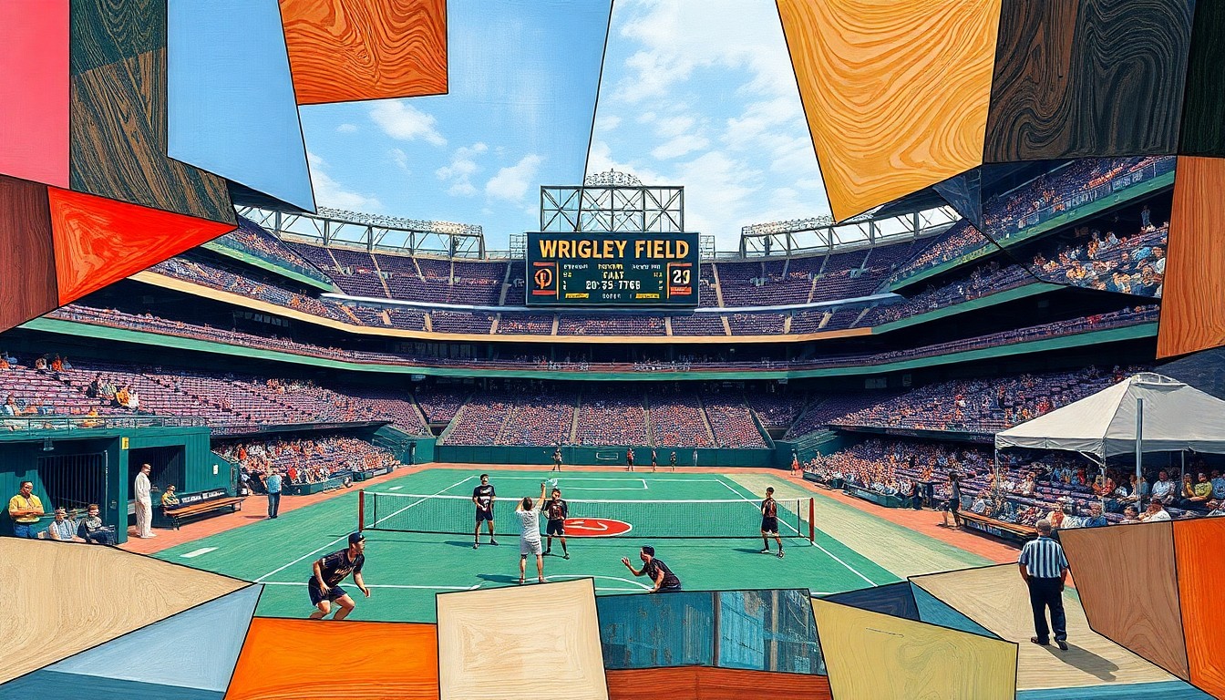 A cubist, geometric painting depicting a volleyball match at Wrigley Field, with the players and court broken down into abstract shapes and angles, and the iconic stadium visible in the background.