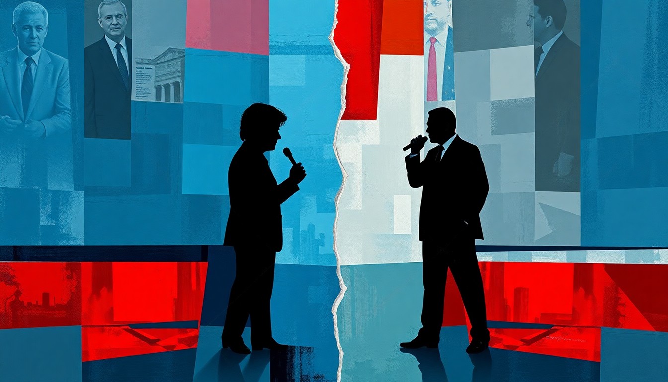 A fractured, abstract painting in shades of blue, red, and grey depicting the silhouettes of a news anchor and a politician, symbolizing the clash between media and politics.