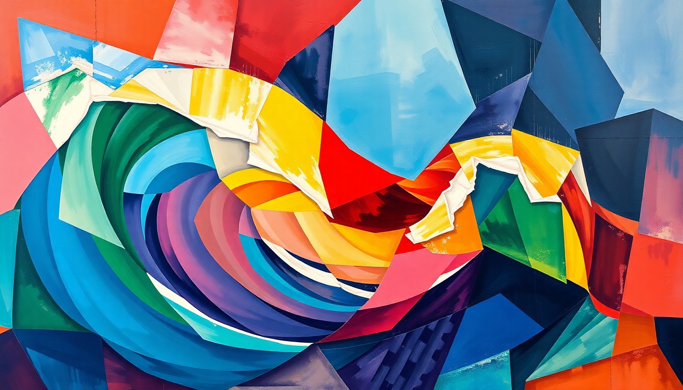 An abstract, fragmented painting in bold, clashing colors representing the heightened tensions and uncertainty surrounding the US-Iran conflict in the Strait of Hormuz.