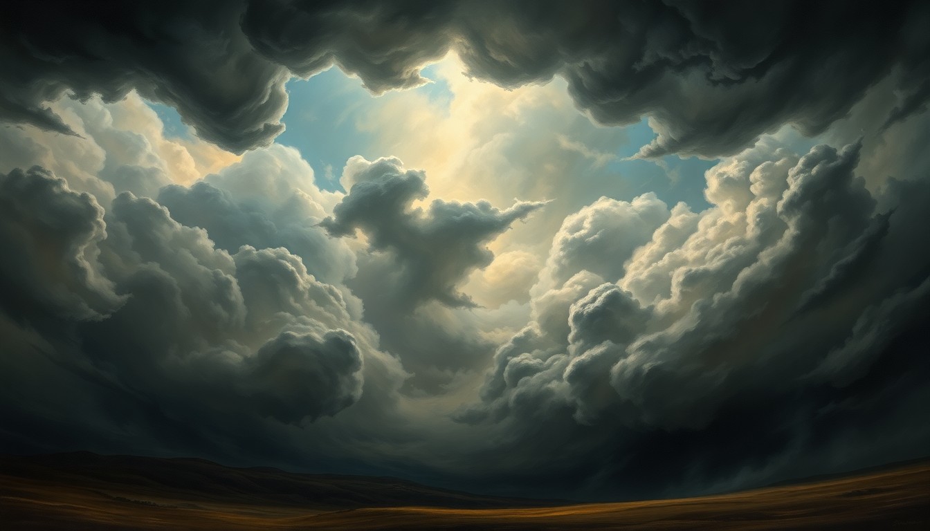 A sweeping, atmospheric landscape painting in muted tones of gray, blue, and green, depicting a dramatic, turbulent sky filled with swirling, ominous clouds and flashes of lightning, dwarfing any visible structures or objects below.