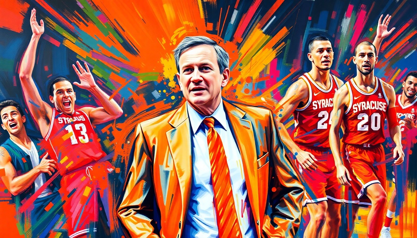 An abstract, expressionist painting featuring dynamic, neon-colored brushstrokes and fragmented basketball players, conveying the raw energy and excitement surrounding Gerry McNamara's return as the new Syracuse basketball coach.