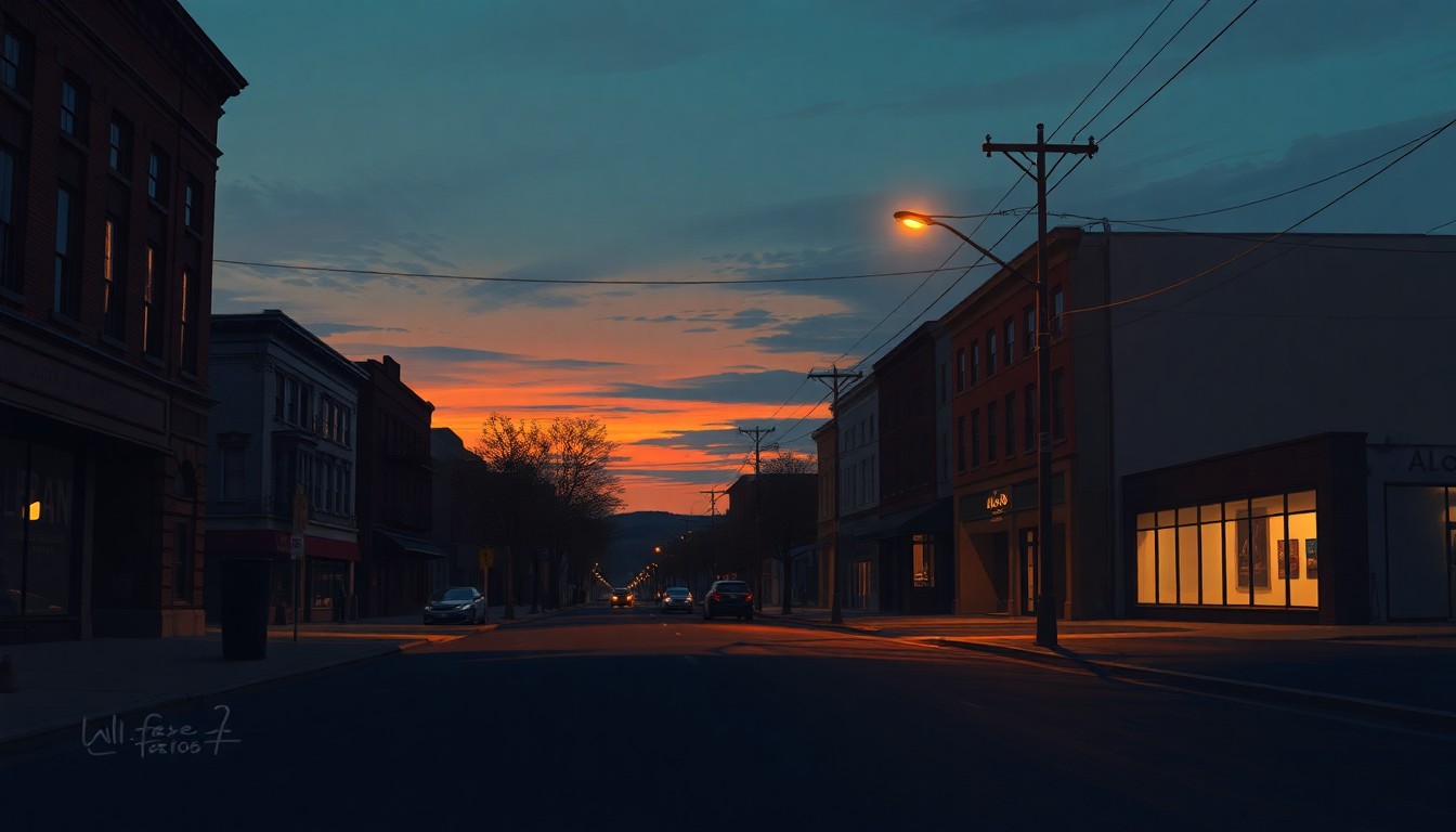 A serene, cinematic painting of an empty Albany street at dusk, with warm sunlight and deep shadows creating a contemplative mood, conceptually representing the city's efforts to address violence through a coordinated approach.