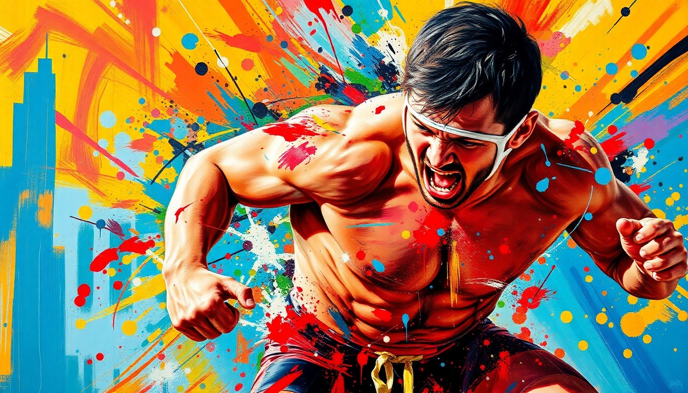 An abstract expressionist painting in vibrant neon colors, capturing the raw power and intensity of a wrestler in motion, with only the energy of the competition visible through the dissolving, fragmented forms.