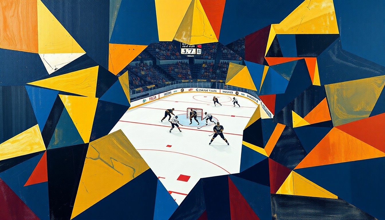 A cubist, geometric painting depicting a hockey game in progress, with the players and ice rink broken down into sharp, overlapping planes of navy blue, gold, and red, reflecting the team colors of the Vegas Golden Knights.