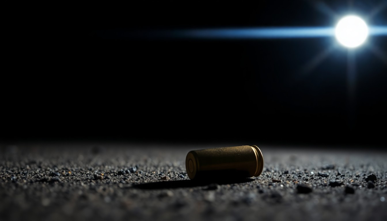 An extreme close-up photograph of a spent bullet casing on the ground, lit by a harsh, direct camera flash against a pitch-black background, creating a stark, gritty, investigative aesthetic.