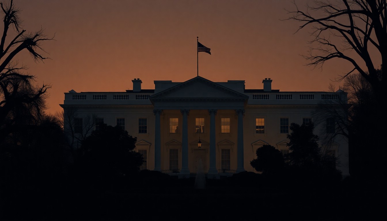 A moody, cinematic painting of the White House at dusk, with the faint outline of a new wing emerging from the shadows, evoking a sense of quiet contemplation over the future of this iconic national landmark.