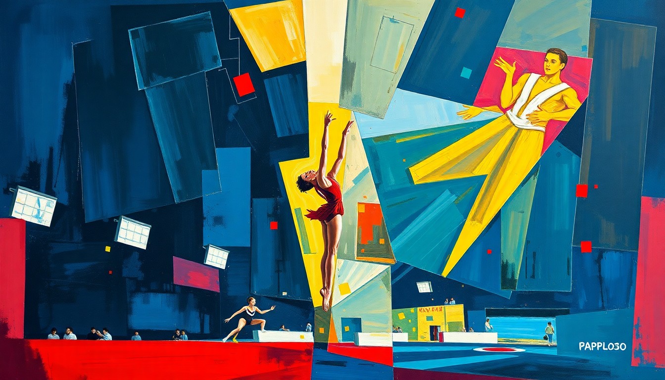 A cubist, geometric painting depicting a gymnast mid-routine, with overlapping planes of vibrant colors capturing the dynamic movement and energy of the sport.
