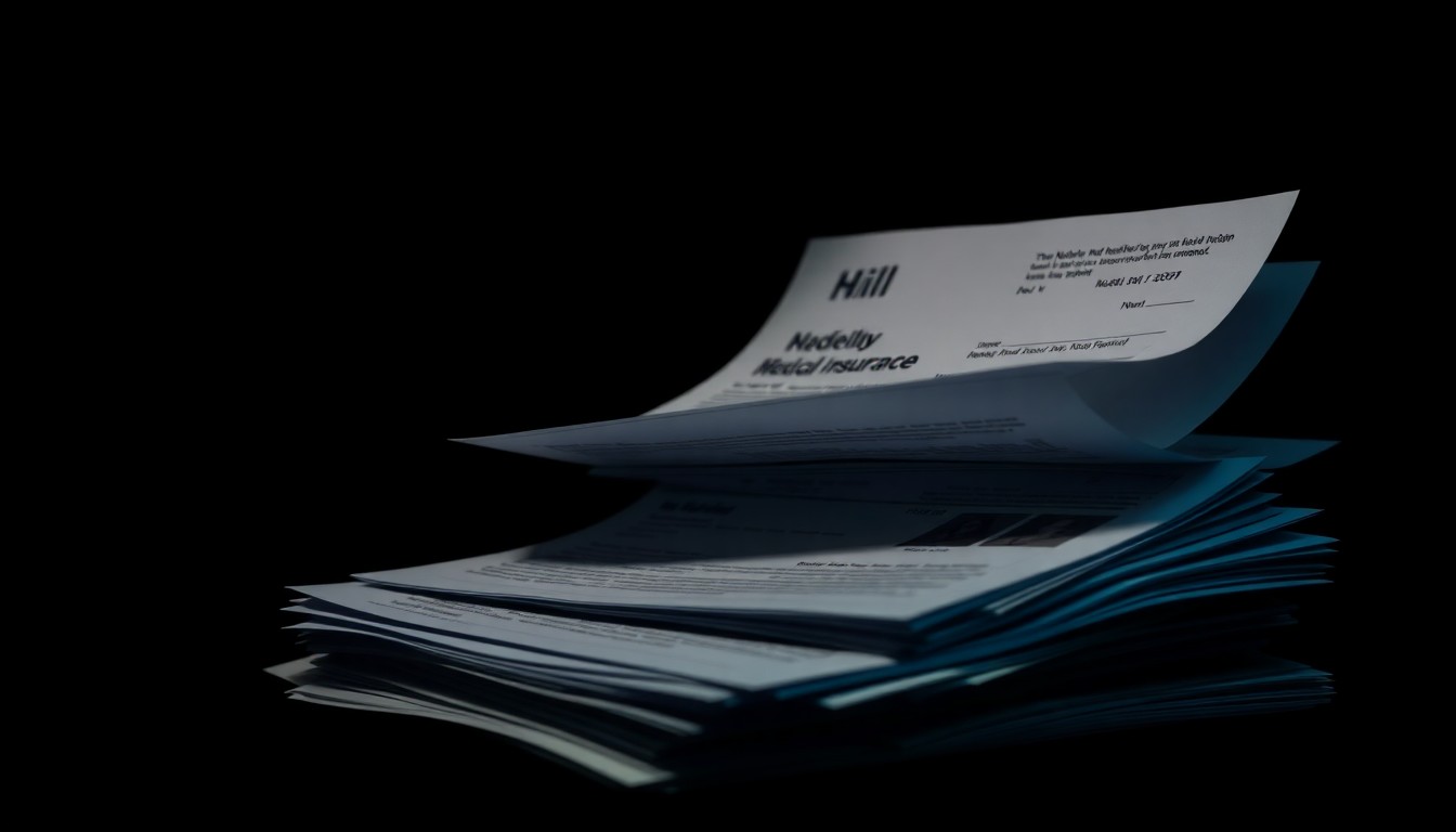 An extreme close-up photograph of crumpled medical bills and insurance forms, lit by a harsh flash against a dark background, conceptually representing the investigation into fraudulent healthcare billing practices.