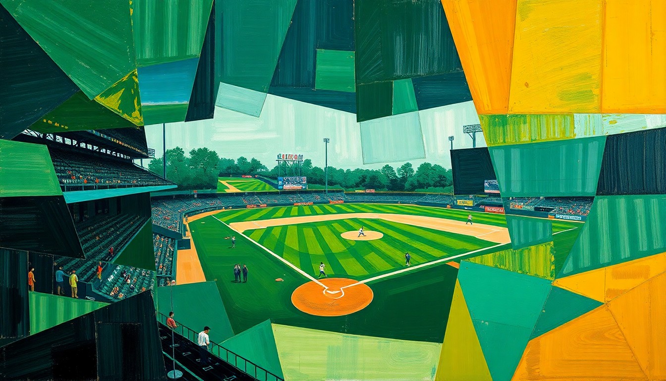 A cubist-style painting featuring overlapping geometric shapes and planes in shades of green, blue, and ochre, conceptually representing the action and dynamics of a high school baseball game.