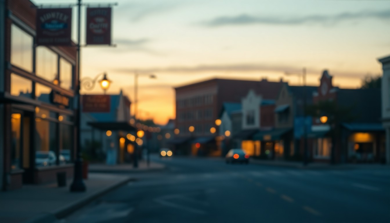 An abstract, impressionistic scene of a small-town main street at dusk, with blurred streetlights and storefront windows casting a warm, nostalgic glow, conceptually representing the mourning of a community member's passing.