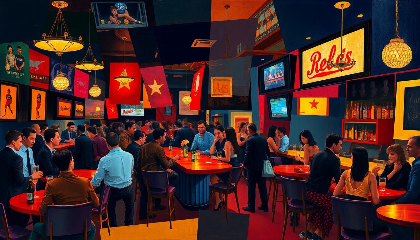 A fractured, multi-perspective painting in vibrant colors depicting the lively scene of a sports bar, with patrons, bartenders, and couples interacting in an abstract, geometric style.