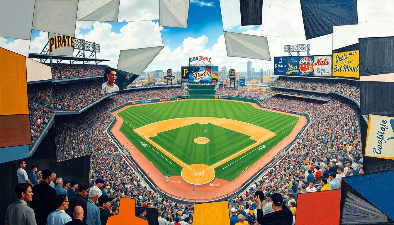 A fragmented, geometric painting depicting a baseball game in progress, with players and field elements broken down into sharp, overlapping planes of color and form.