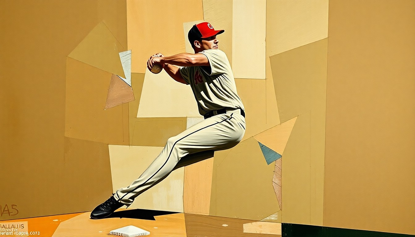 A fragmented, geometric painting depicting a baseball pitcher's windup and delivery from multiple angles, with muted earth-toned colors and sharp, overlapping shapes that deconstruct the motion into an abstract, conceptual representation.
