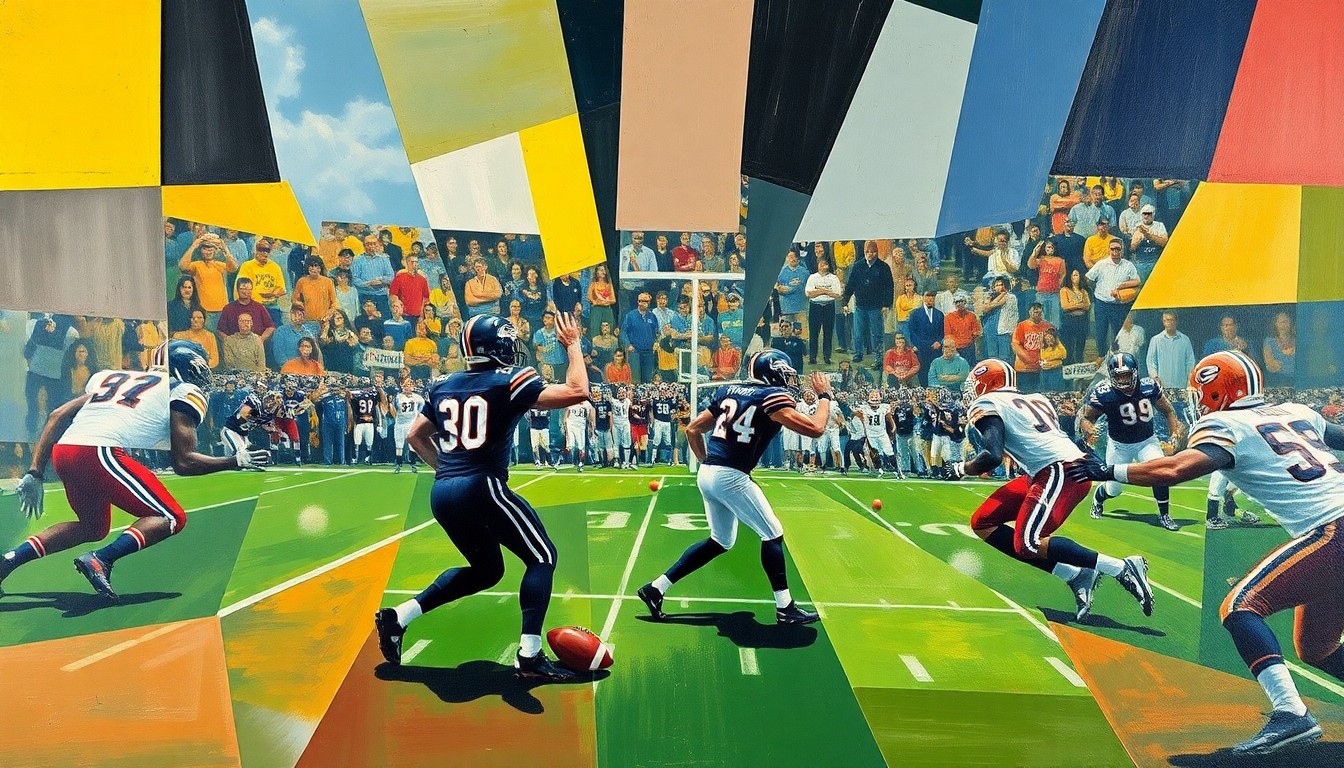 A cubist-style painting featuring sharp, overlapping geometric shapes and planes that deconstruct a quarterback's throwing motion, conveying the dynamic energy and multiple perspectives of professional football.