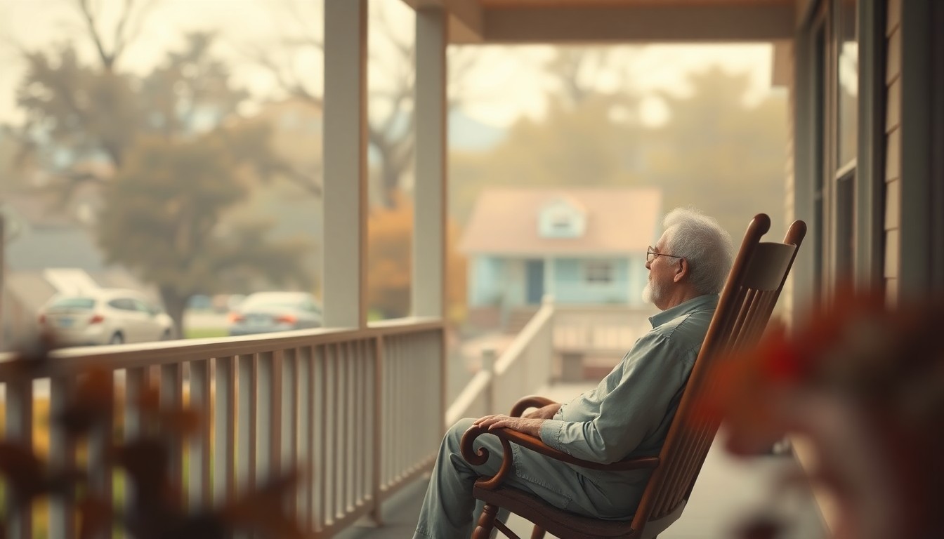 An extremely abstracted, out-of-focus photograph of an elderly man sitting in a rocking chair on a porch, surrounded by blurred shapes of trees and a distant house in warm, muted tones, conceptually representing the quiet passing of a respected community member.