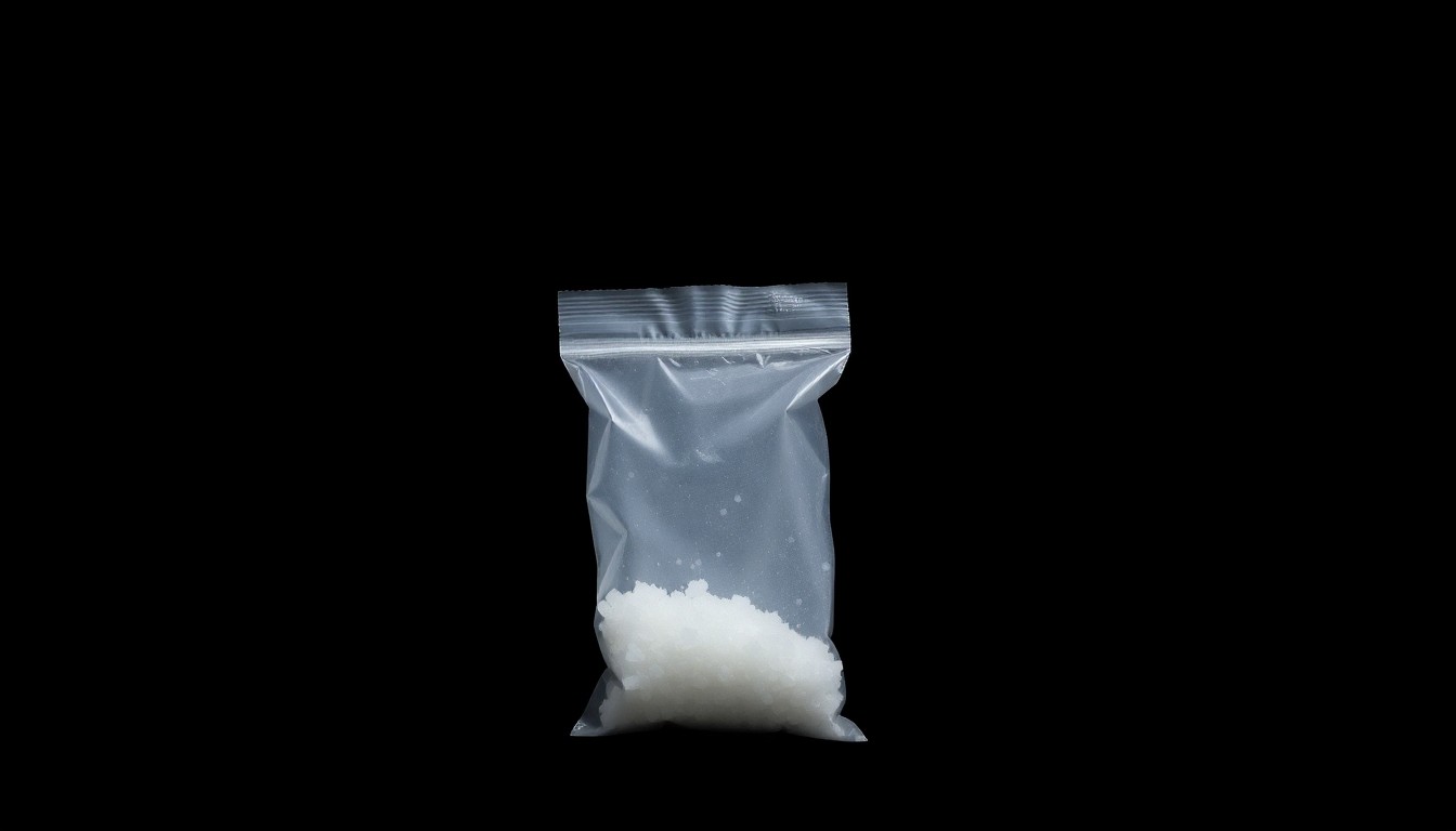 An extreme close-up photograph of a small plastic bag containing a white crystalline substance, creating a stark, gritty, investigative aesthetic through the use of harsh, direct flash lighting against a pitch-black background.