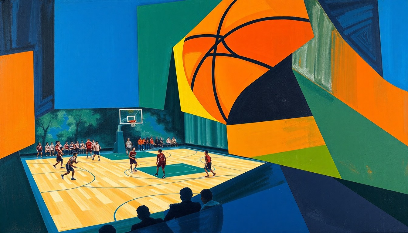 A fragmented, geometric painting in shades of blue, green, and orange, capturing the dynamic motion and competitive spirit of a high school basketball game.