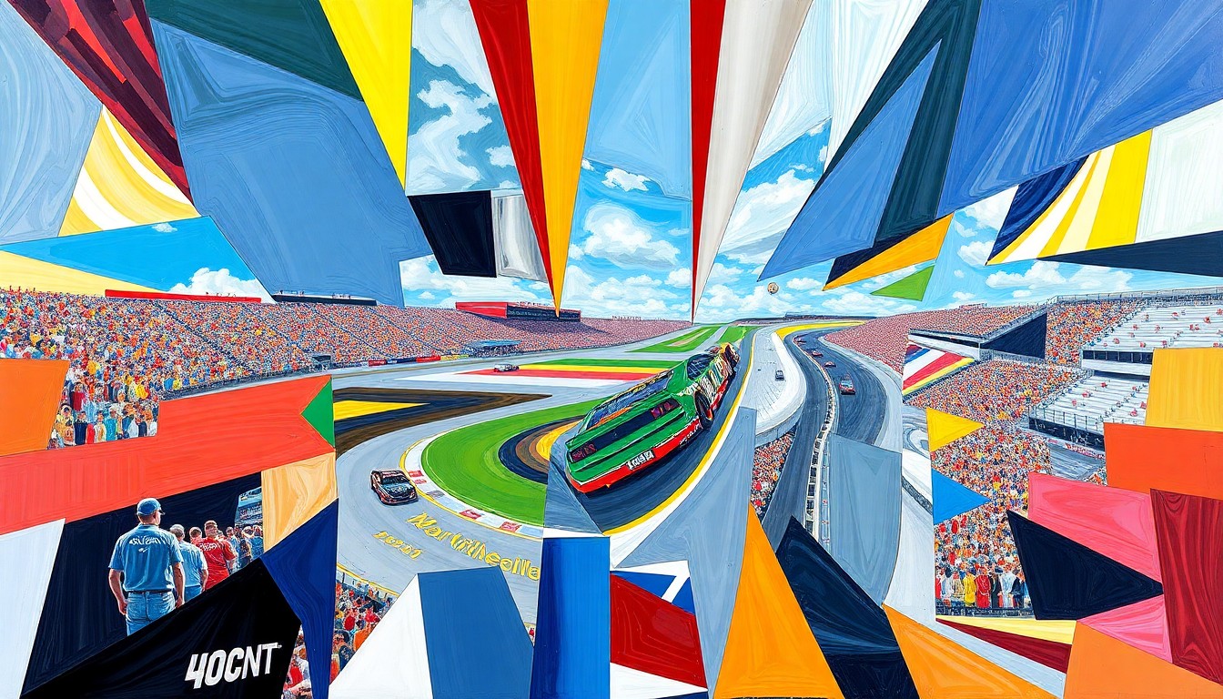 A cubist, geometric painting depicting the Martinsville Speedway racetrack and colorful stock cars in motion, capturing the dynamic energy and competitive spirit of the NASCAR event.