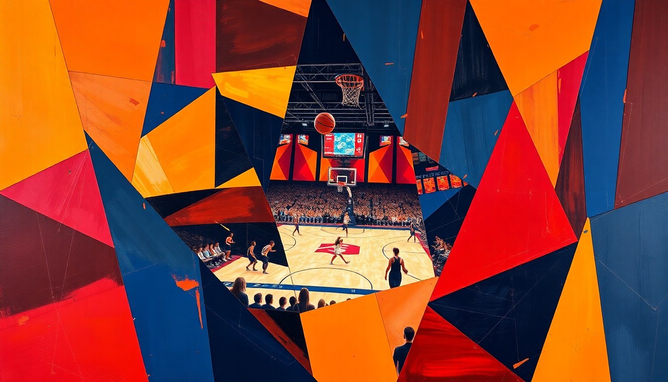 A cubist, geometric painting depicting the action of a women's college basketball game, with sharp, overlapping planes of color representing the dynamic movements and competitive energy of the players on the court.