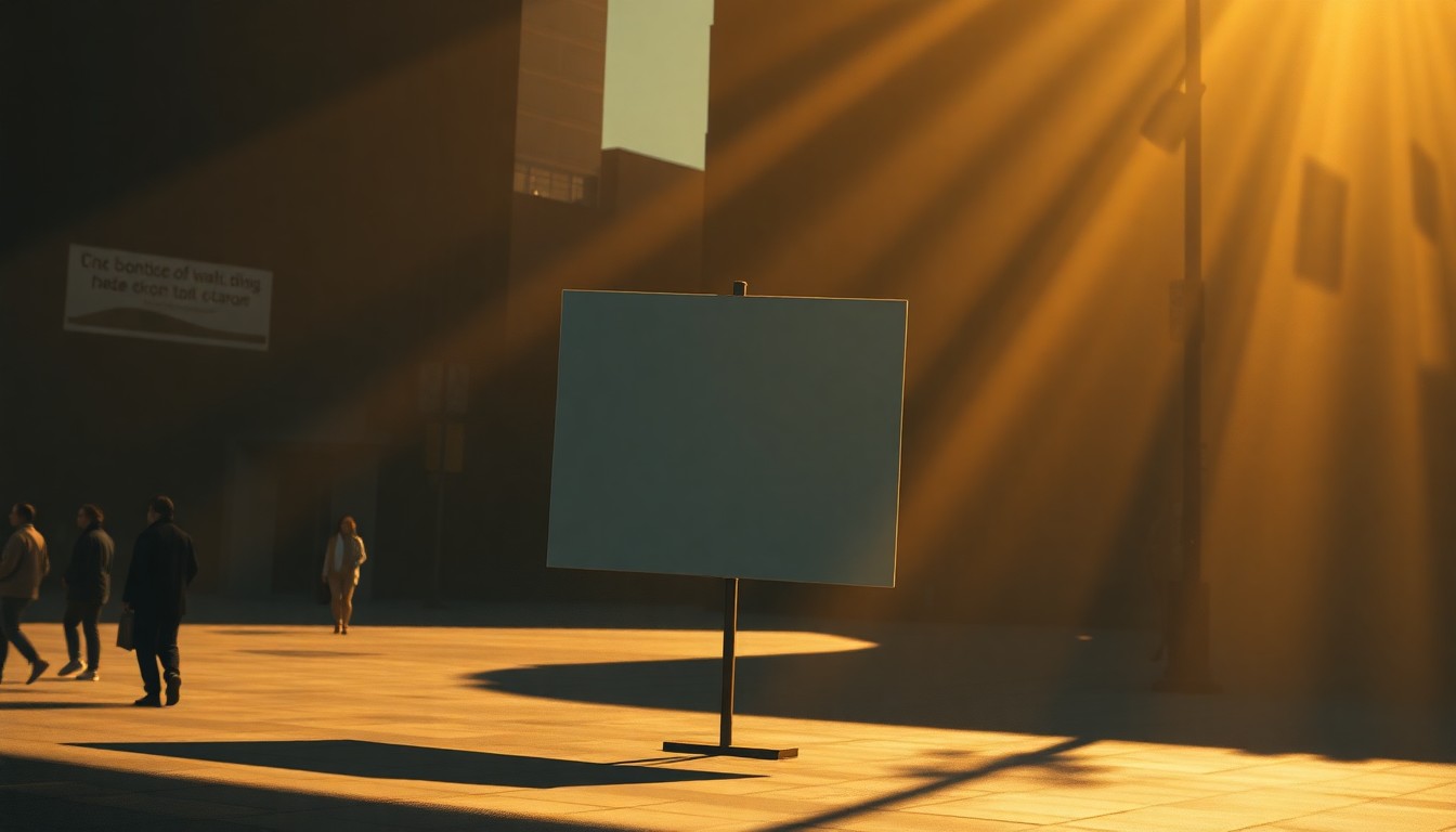 A serene, photorealistic painting of a lone protest sign or banner standing in a sunlit public square, casting long shadows and conveying a sense of quiet determination.