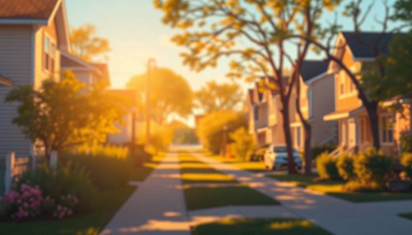An abstract, impressionistic photograph of a residential neighborhood on a sunny day, with blurred houses and trees in the background and pools of warm, golden light in the foreground, conveying the feeling of an early heat wave.