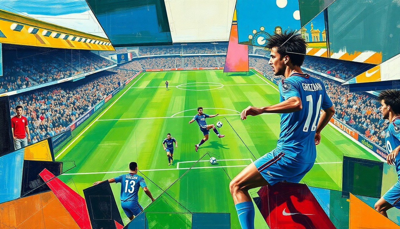 A cubist, geometric painting depicting a soccer match or competition, with the players and field broken down into sharp, overlapping planes of color and shape, conveying the dynamic energy and shifting perspectives of the game.