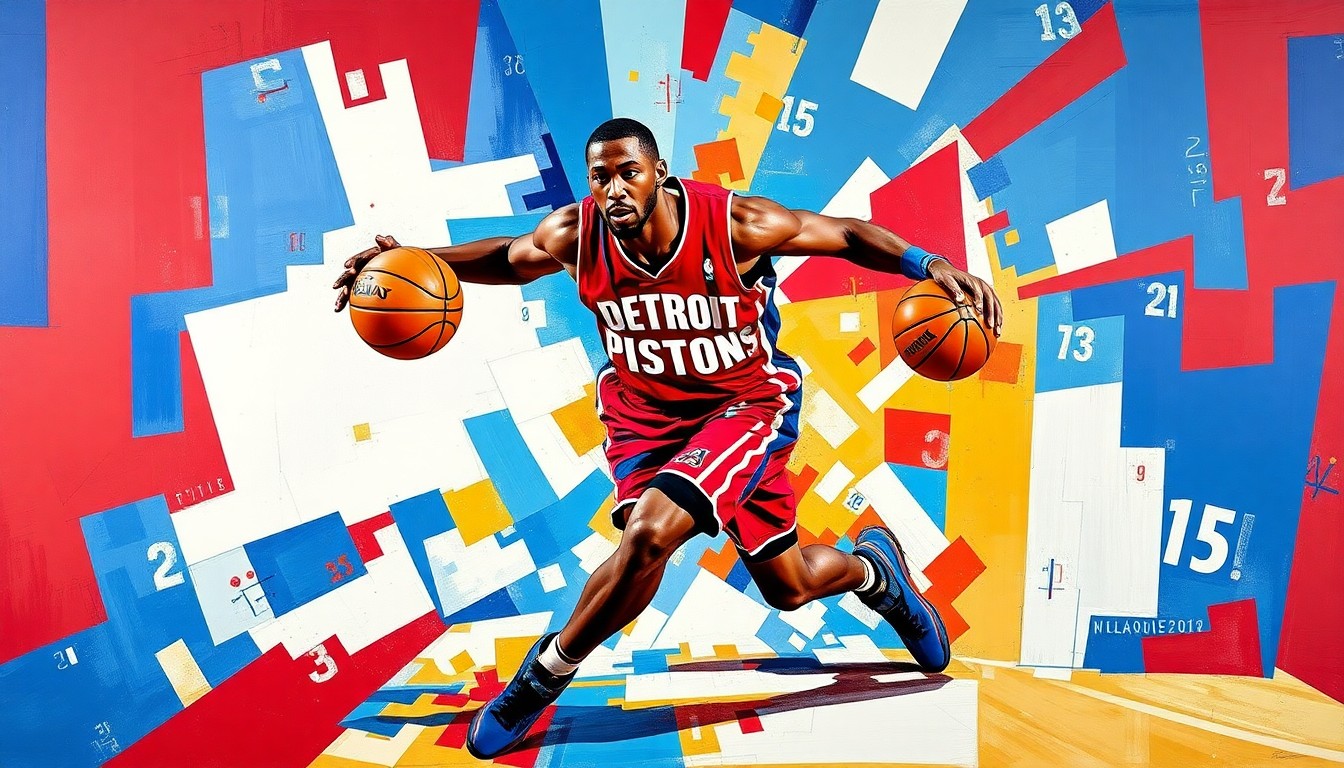 A cubist, geometric painting depicting a basketball player in motion, their form fractured and deconstructed into sharp, overlapping planes of blue, red, and white - the colors of the Detroit Pistons. The conceptual illustration captures the team's need to get healthy players back on the court as they chase a playoff berth.