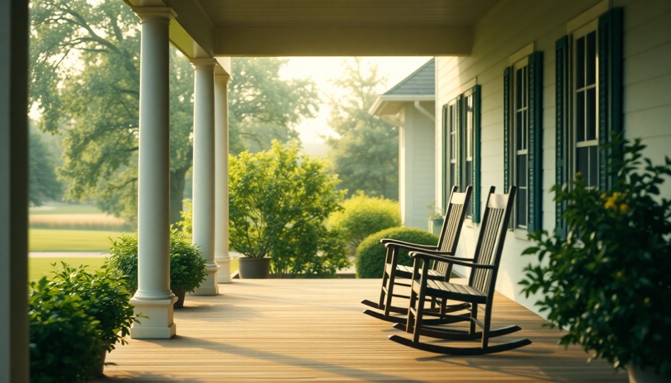 An extremely abstracted, out-of-focus photograph of a farmhouse porch with rocking chairs, surrounded by blurred greenery and a warm, hazy light, conveying the cozy, peaceful atmosphere of a rural setting.