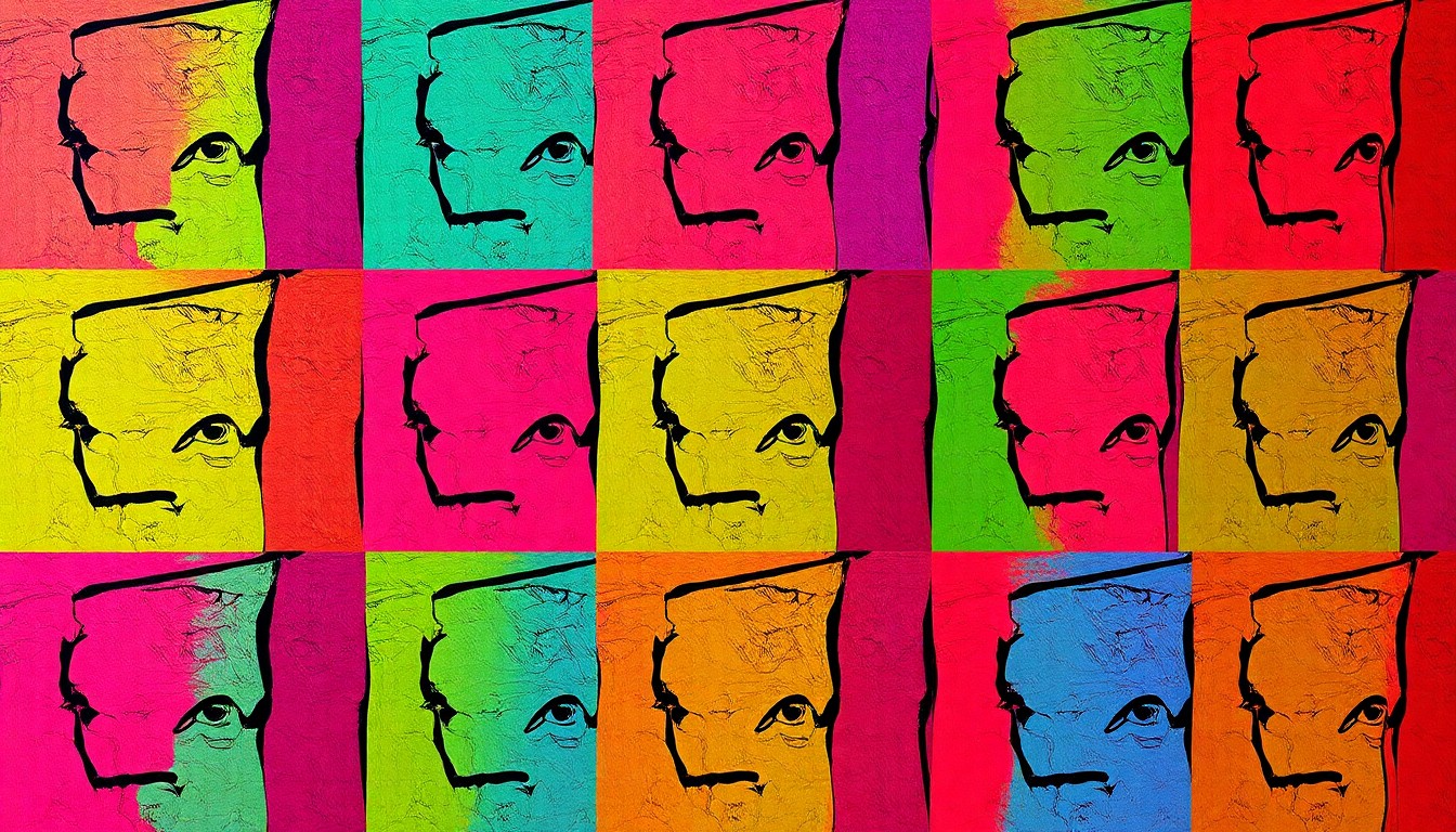 A highly stylized, silkscreen-inspired grid of a single abstract painting by artist Jay Webb, featuring vibrant neon colors and heavy black outlines to capture the energy and creativity of his work.