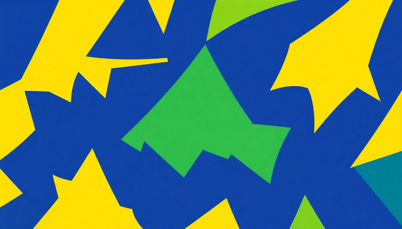 An abstract, minimalist illustration featuring bold, geometric shapes in shades of blue, green, and yellow, conceptually representing the diverse range of musical performances at the Collage Concert.