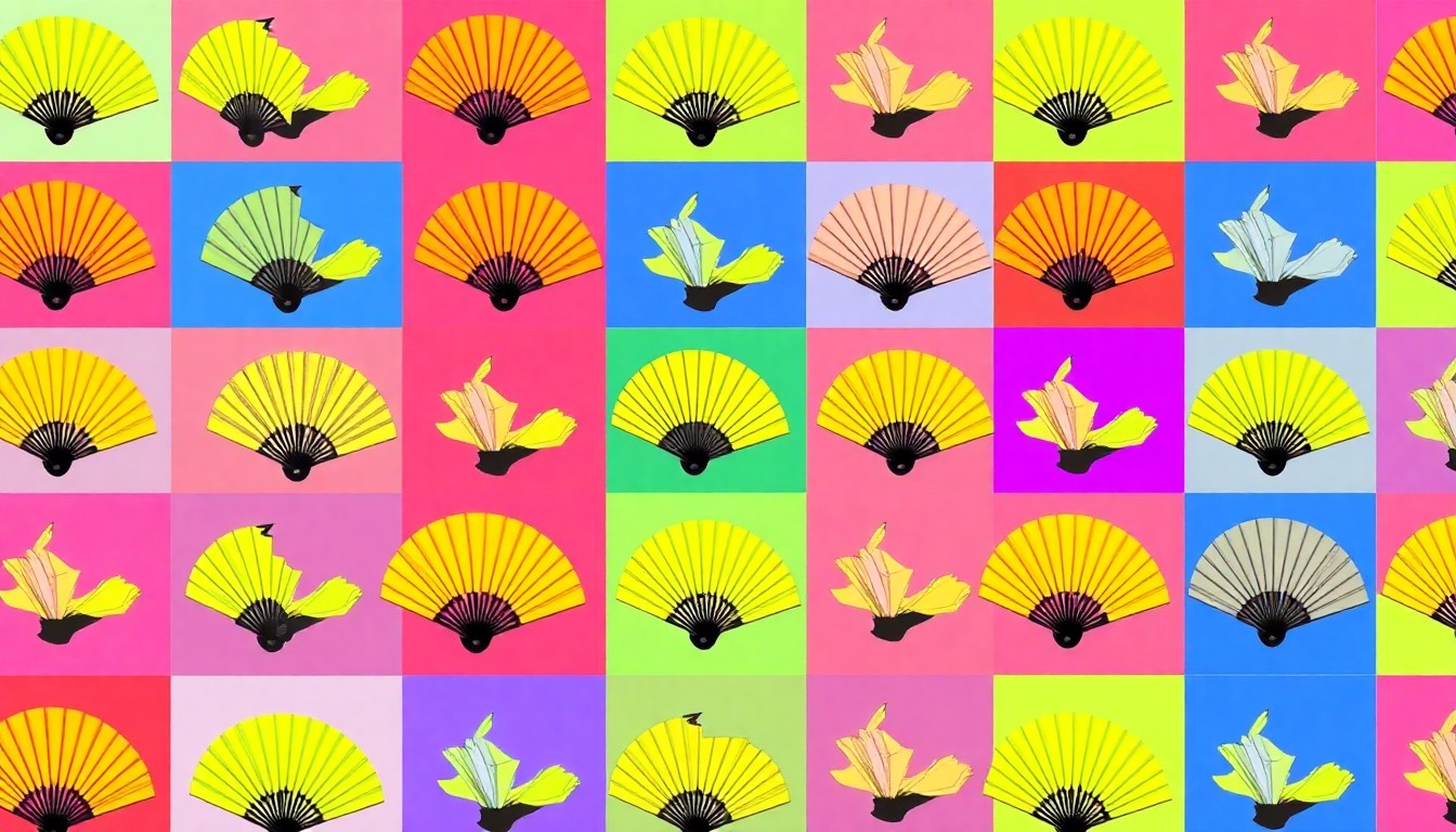 A high-contrast silkscreen print of a Japanese paper fan repeated in a grid pattern, rendered in bright neon colors and heavy black outlines to create a modern pop art aesthetic that captures the energy and cultural significance of the Cherry Blossom Festival.