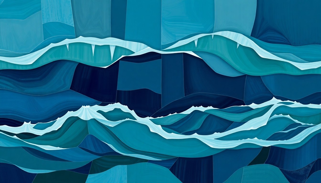A fractured, abstract painting of the Strait of Hormuz in overlapping geometric shapes and waves of deep blues, greens, and grays, conveying the volatility and movement of the strategic waterway.
