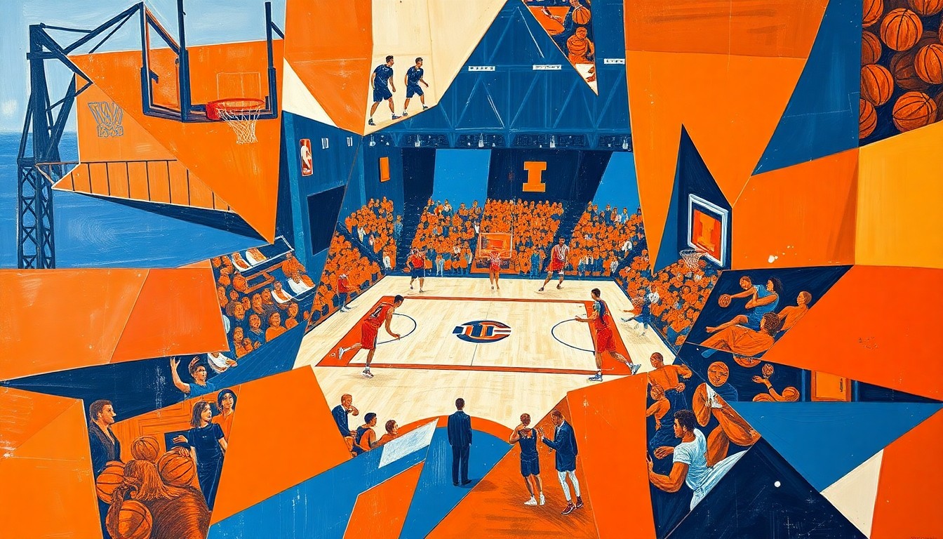 A cubist, geometric painting in shades of orange and blue, breaking down a basketball scene into fragmented, overlapping shapes to conceptually represent the complex legacy of the Bruce Pearl scandal on the Illinois basketball program.