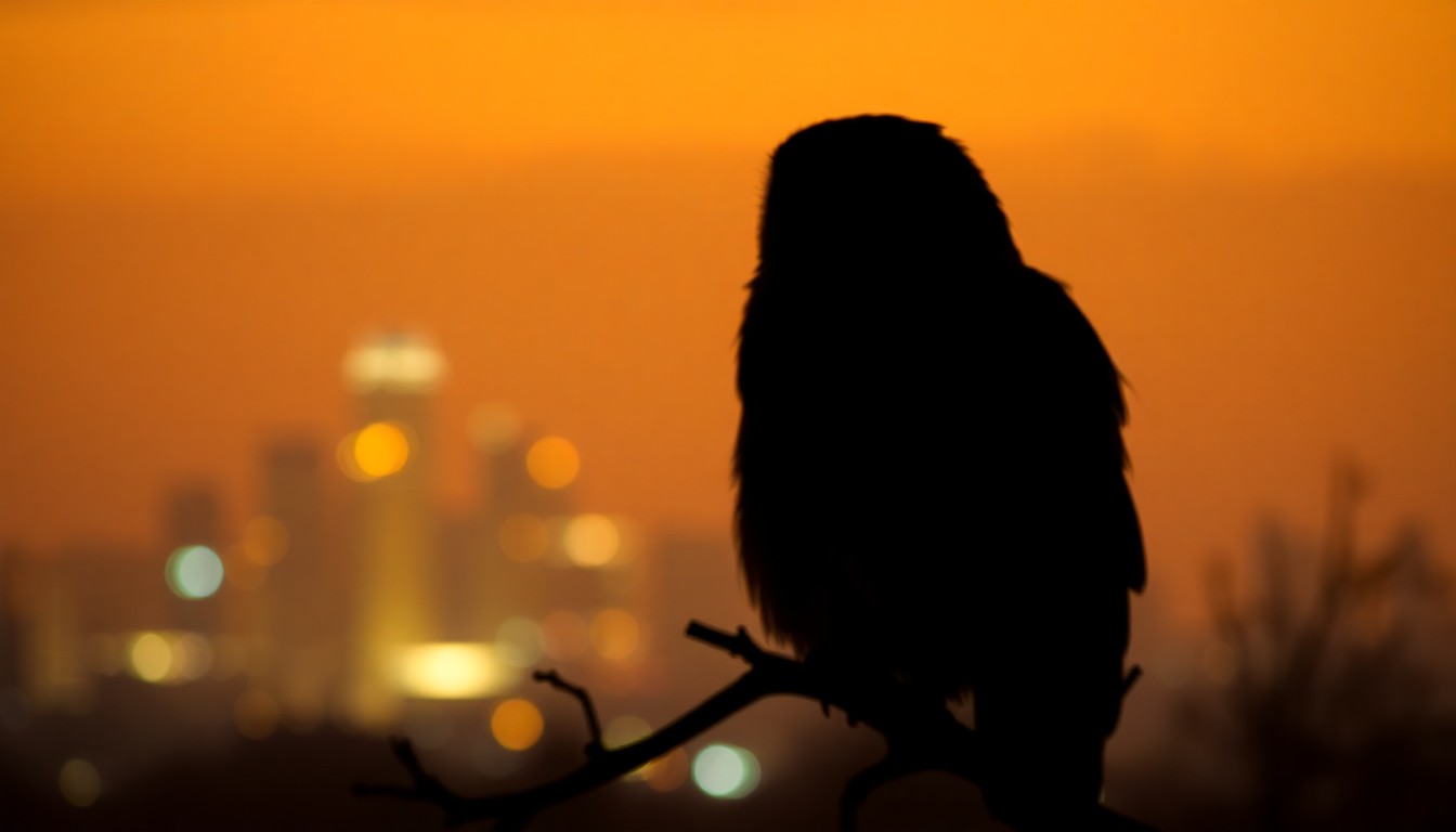 A dreamy, impressionistic photograph showing the blurred outline of an owl against a hazy, out-of-focus urban landscape, conveying a sense of compassion and care for nature in an otherwise bustling city.
