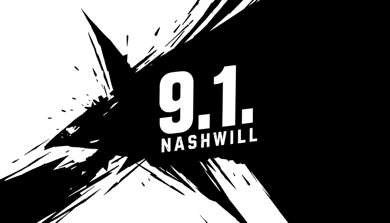 A striking black and white illustration featuring sharp, angular shapes and forms that evoke the intensity and drama of the 9-1-1: Nashville TV series.